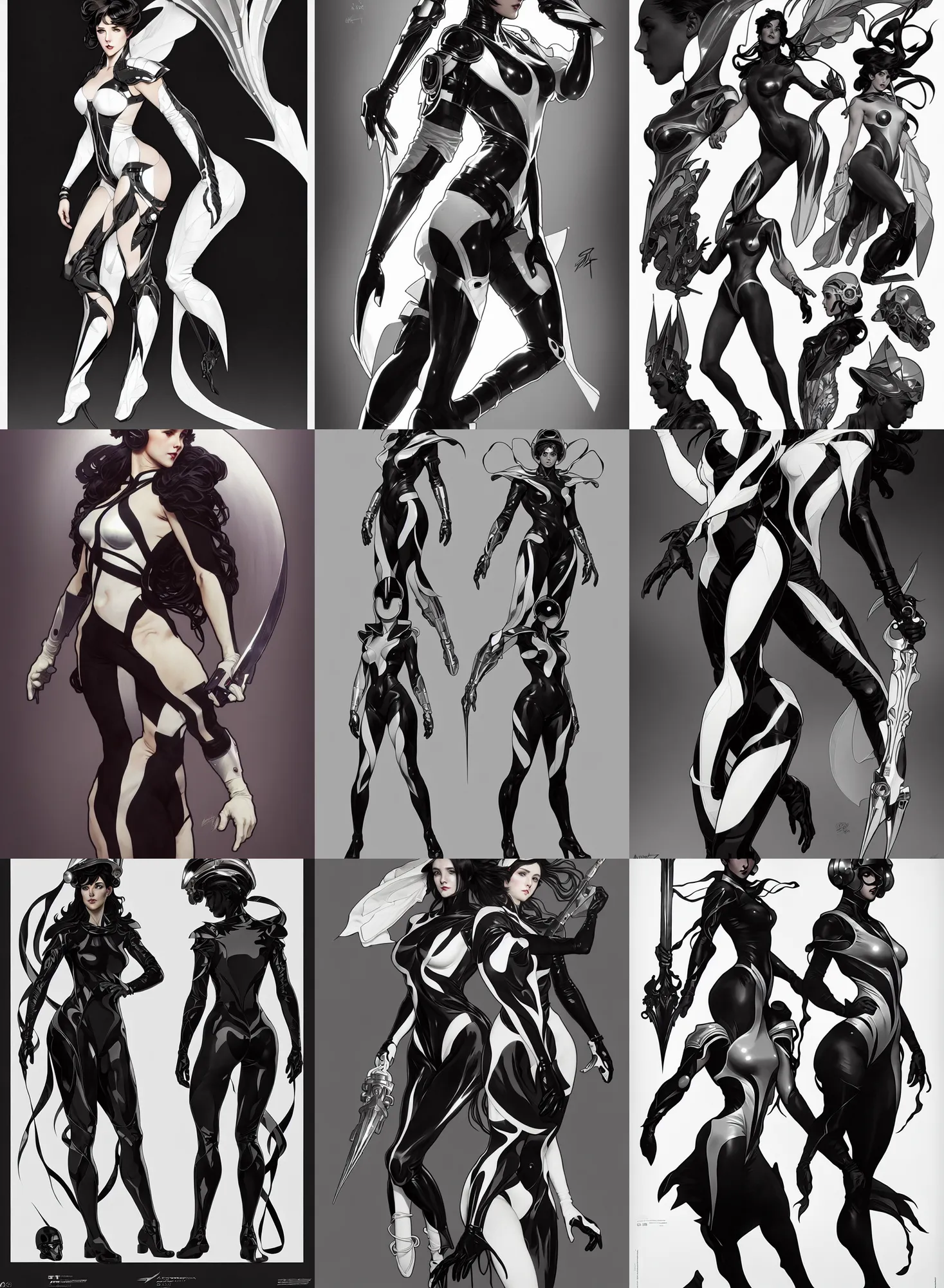 Prompt: a full body character design by artgerm, cushart krenz, greg rutkowski and alphonse mucha. sci - fi dagger. black and white tape project show attctive showgirl!! full body with helmet!! sharp edge. ultra clear detailed. contour light effect!! 8 k. stage light. ultra detailed, elegant, intricate, octane render.