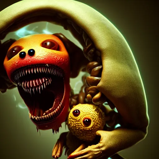 Image similar to beautiful digital fantasy illustration of alien fruit, a creepy dog attacking a stuffed animal, octane render, detail texture, unreal engine, 8 k, a surrealist sculpture by ryohei hase, ultra hyper realistic quality