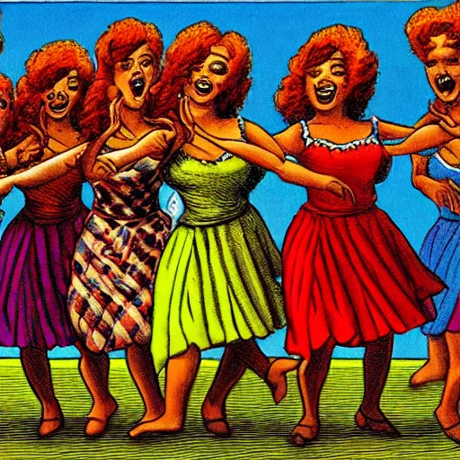 Image similar to dominicanas dancing, drawing by r crumb