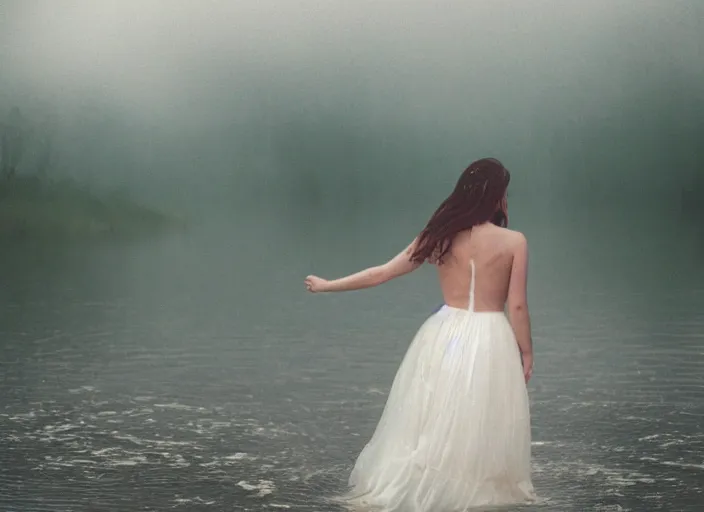 Prompt: a 2 8 mm holga photo of a woman in a formal gown emerging from a lake, misty, morning, splash art, movie still, bokeh, canon 5 0 mm, cinematic lighting, dramatic, film, photography, golden hour, depth of field, award - winning, anamorphic lens flare, 8 k, hyper detailed, 3 5 mm film grain