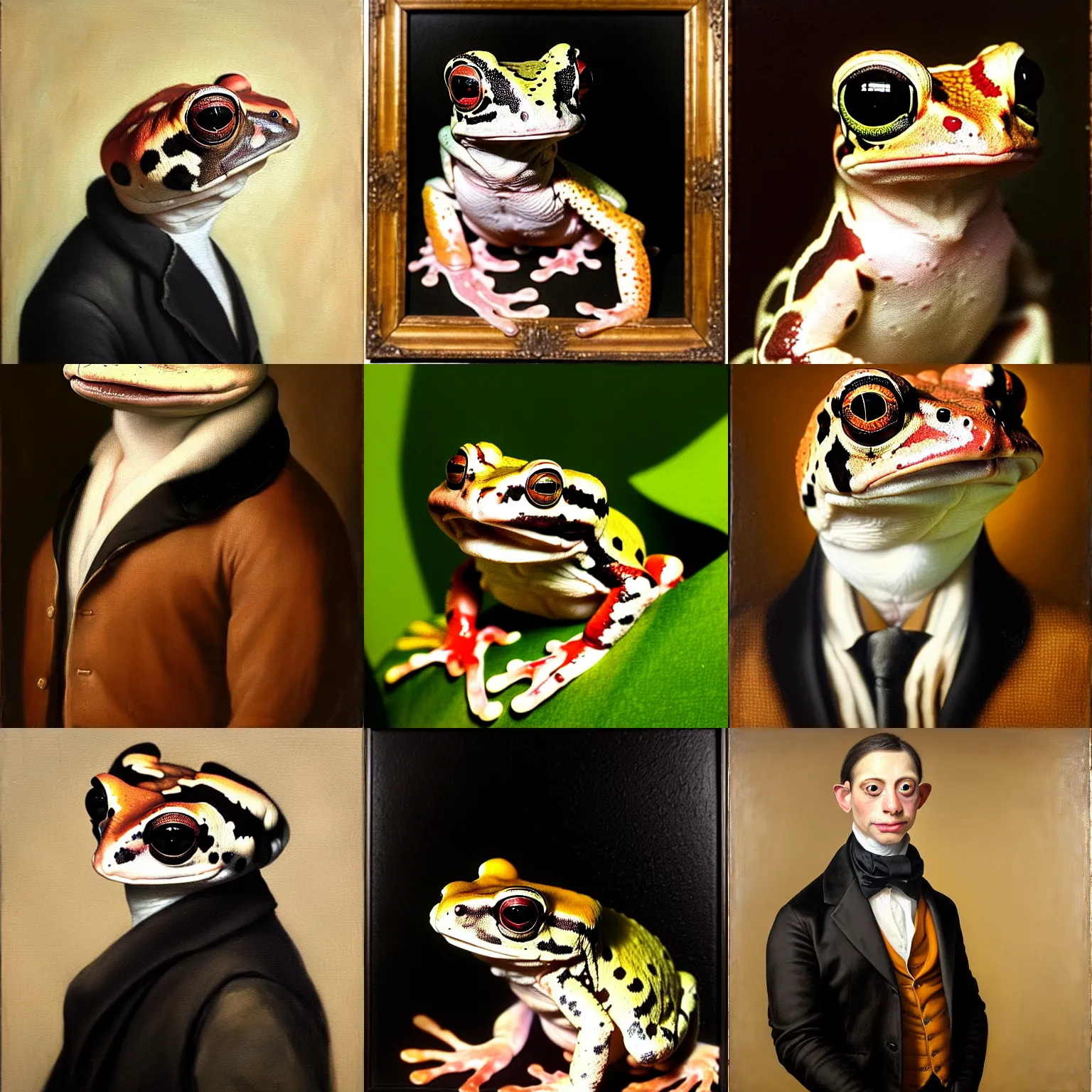 Prompt: a head - and - shoulders portrait of an amazon milk frog looking off camera wearing a black jacket with a tan vest and white ascot, an american romanticism painting, a portrait painting, cgsociety, soft focus, oil on canvas