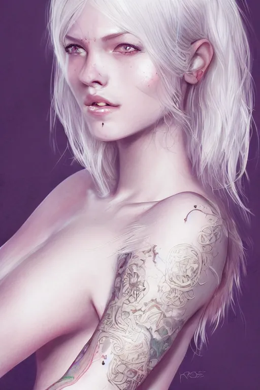 Image similar to teen girl, few speckle skin, tatoo, white hair, gorgeous, amazing, elegant, intricate, highly detailed, digital painting, artstation, concept art, sharp focus, illustration, art by Ross tran and kuvshinov