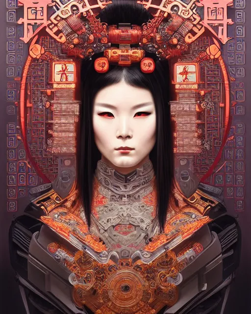 Image similar to portrait of a cyberpunk machine, machine face, upper half portrait, decorated with chinese opera motifs, asian, fine china, wuxia, traditional chinese art, intricate, elegant, highly detailed, symmetry, headpiece, digital painting, artstation concept art smooth sharp focus, illustration, art by artgerm and greg rutkowski alphonse mucha 8 k