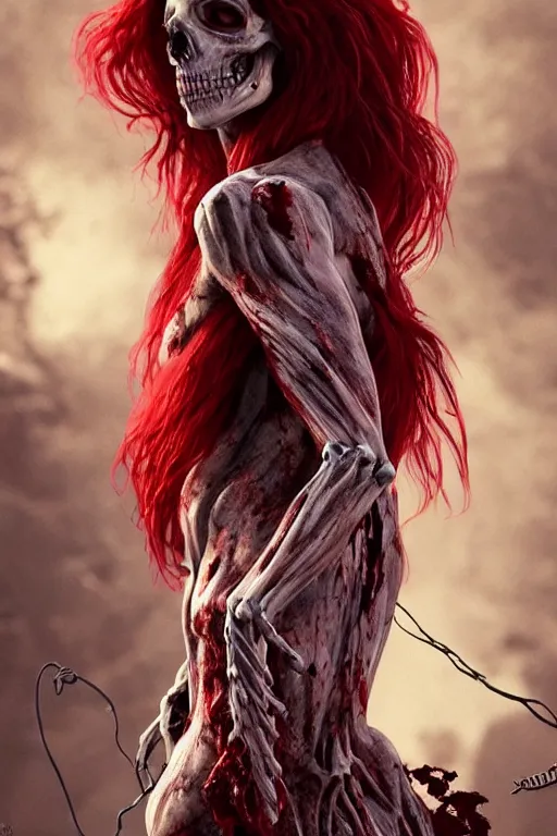 Image similar to woman skeleton covered with blood, long red hair, ultra realistic, concept art, intricate details, highly detailed, photorealistic, octane render, 8 k, unreal engine. retro film still, heavy grain, 3 5 mm, art by artgerm and greg rutkowski and alphonse mucha