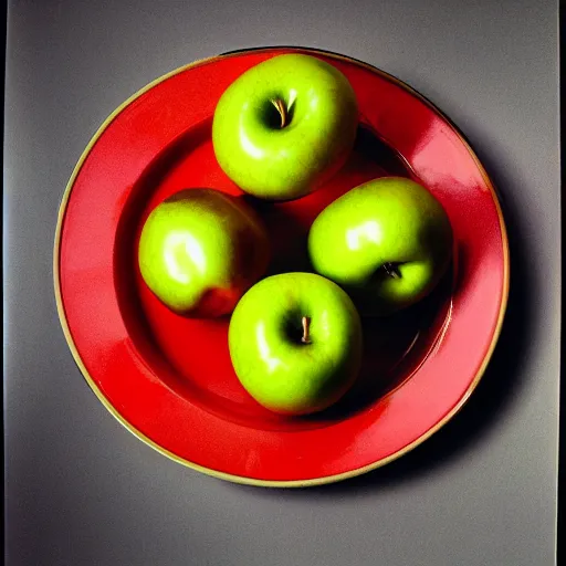 Image similar to a wide angle side view realistic photo of only 3 apples on a colorful plate, award winning, food photography, by ansel adams