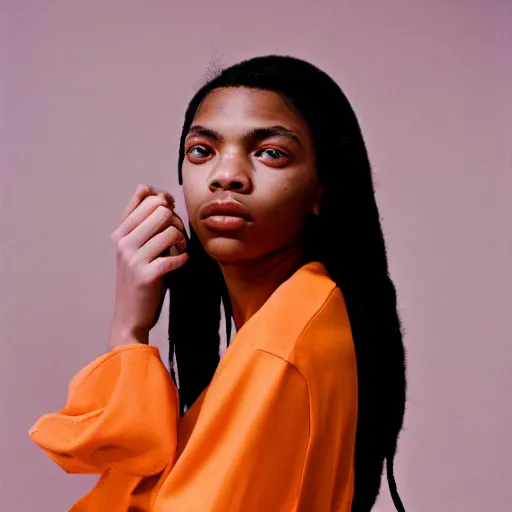 Image similar to realistic photoshooting for a new balenciaga lookbook, color film photography, portrait of a beautiful woman, in style of Tyler Mitchell, 35mm,