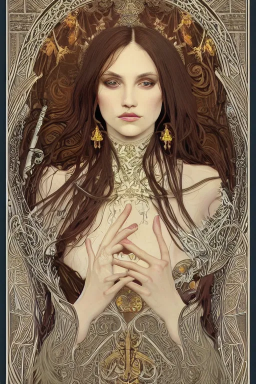 Image similar to high priestess, intricate, elegant, highly detailed, concept art, sharp focus, beautiful face!!, digital art, smooth defined outlines!!, human anatomy, human structure, vector background, art nouveau vector background, by Brom, trending on Artstation, Alphonse Mucha, Tom Bagshaw, Sargent