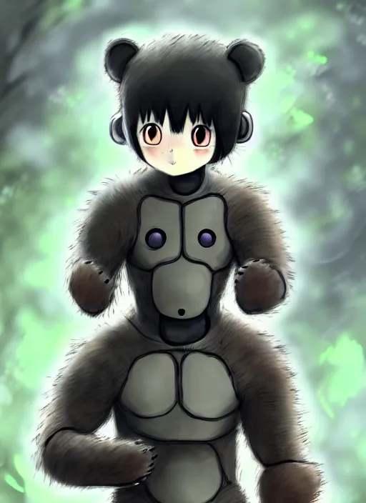 Image similar to beautiful little boy wearing an cyborg bear suit, artwork in kentaro miura and made in abyss and rosdraws, smooth, beautiful lightness, anatomically correct, trending on pixiv, forest