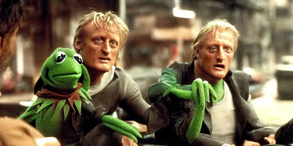 Image similar to Kermit the frog talking to Rutger Hauer on the set of the movie bladerunner, 3d detailed, digital art