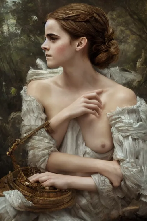 Image similar to Emma watson as a Nymph, oil on canvas, intricate, portrait, 8k highly professionally detailed, HDR, CGsociety