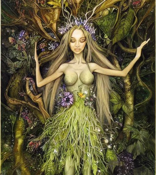 Image similar to fey queen of the summer forest, dress of leaves, fine features, thin, young, silver shimmering hair, by brian froud, stars, night colors, oil on canvas, oil panting