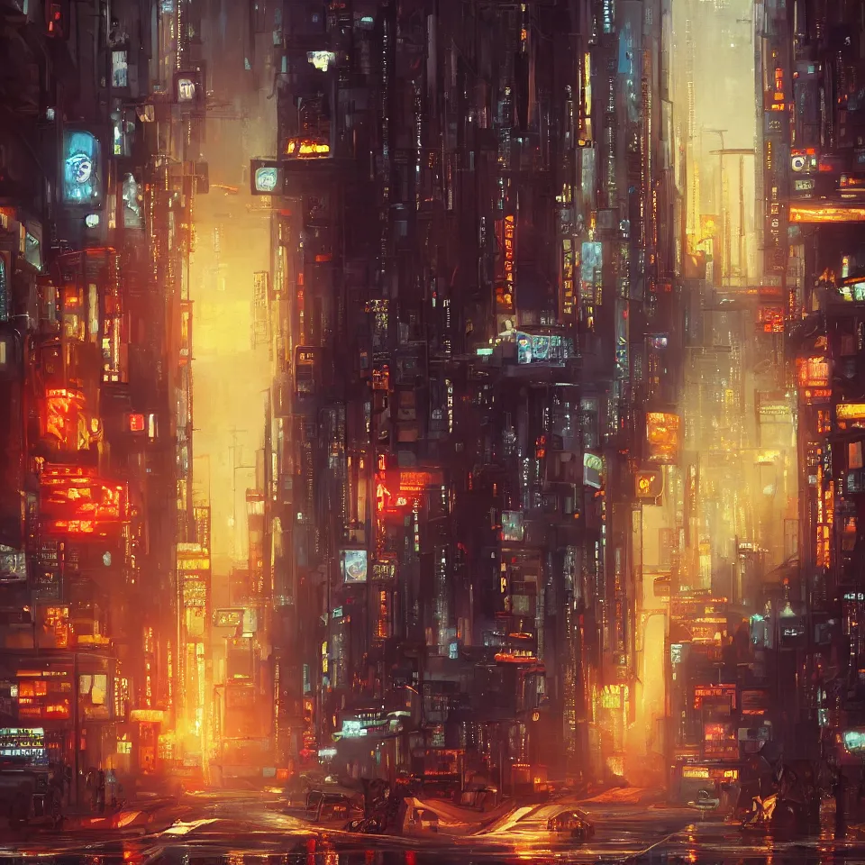 Image similar to an epic painting of the city street road, oil on canvas, cold colors, perfect composition, golden ratio, beautiful detailed, photorealistic, digital painting, artstation, concept art, smooth, sharp focus, illustration, cyberpunk background, artstation trending, octane render, unreal engine