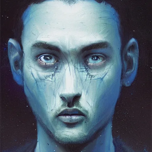 Image similar to surreal portrait of a man by Greg Rutkowski, symmetrical face, he is about 30 years old, short black hair with bangs, his features are a mix between French, Turkish and Russian, transformed into a kind of biomechanical transhuman god, blue glowing eyes, expression of epiphany and determination, cosmic void background, frightening, fascinating, highly detailed portrait, digital painting, book cover, artstation, concept art, smooth, sharp foccus ilustration, Artstation HQ