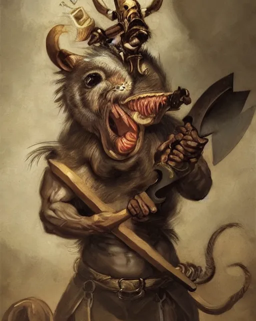 Image similar to baroque portrait of a male were-rat with the head of a rat. he is very muscular. he is wielding an axe. 4K trending on artstation by peter mohrbacher