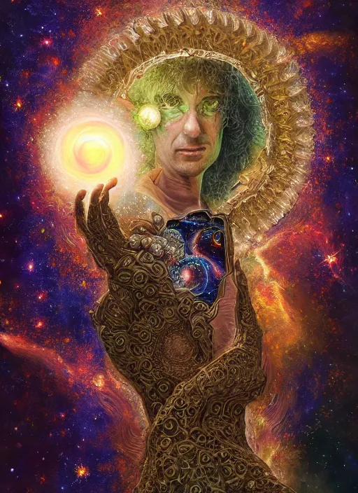 Prompt: high intricate painting of the fractal sandman holding a glimmering galaxy, full shot, neil gaiman, maria panfilova, andrea savchenko, mike kime, ludovic plouffe, qi sheng luo, oliver cook, julian calle, eddie mendoza, trending on artstation