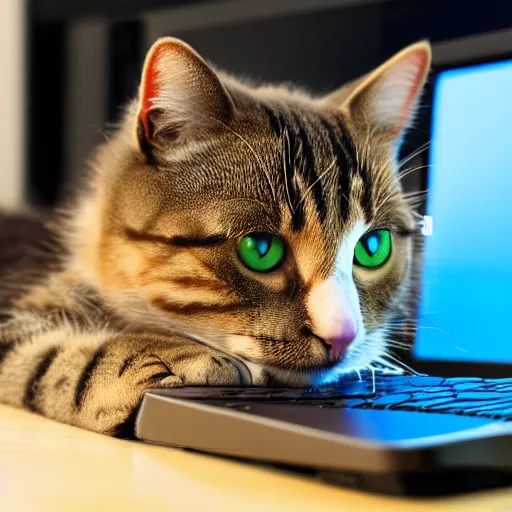 Image similar to cat working at a computer, photo, 8k