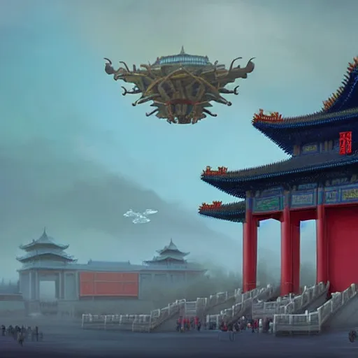 Prompt: Greg Rutkowski in the distant Futurist Forbidden City, Chinook flying over the sky, neon and blue moments, Futurist architectural concepts, inspired by Stephen Martinier, fantasy, digital art, professional illustration, realism, hyper-detail, atmospheric, cinematic lighting, cinematic concept art, hyper-detail, crazy detail, corona rendering, octane rendering, color redshift rendering, 8k