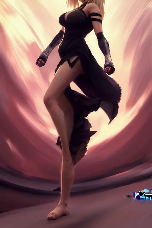 Image similar to Tekken 4 fighter anime Stunning Portrait of Kate Upton wearing a long black dress by Greg Rutkowski, blonde long hair, in a fighting stance, digital painting, artstation, concept art, soft light, hdri, smooth, sharp focus, illustration, art by tian zi, craig mullins, Mark Arian, WLOP, alphonse mucha