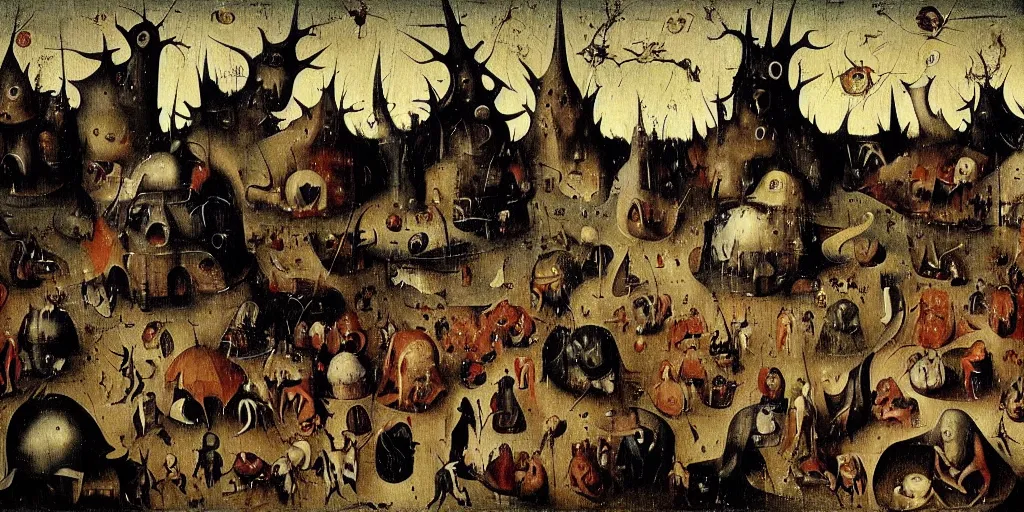 Prompt: A scene from hell, Hieronymus Bosch painting style.