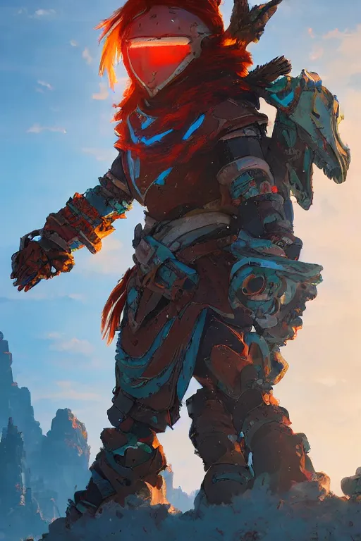 Image similar to combination suit armor aloy horizon forbidden west horizon zero dawn radiating a glowing aura global illumination ray tracing hdr fanart arstation by ian pesty and alena aenami artworks in 4 k tribal robot ninja mask helmet backpack