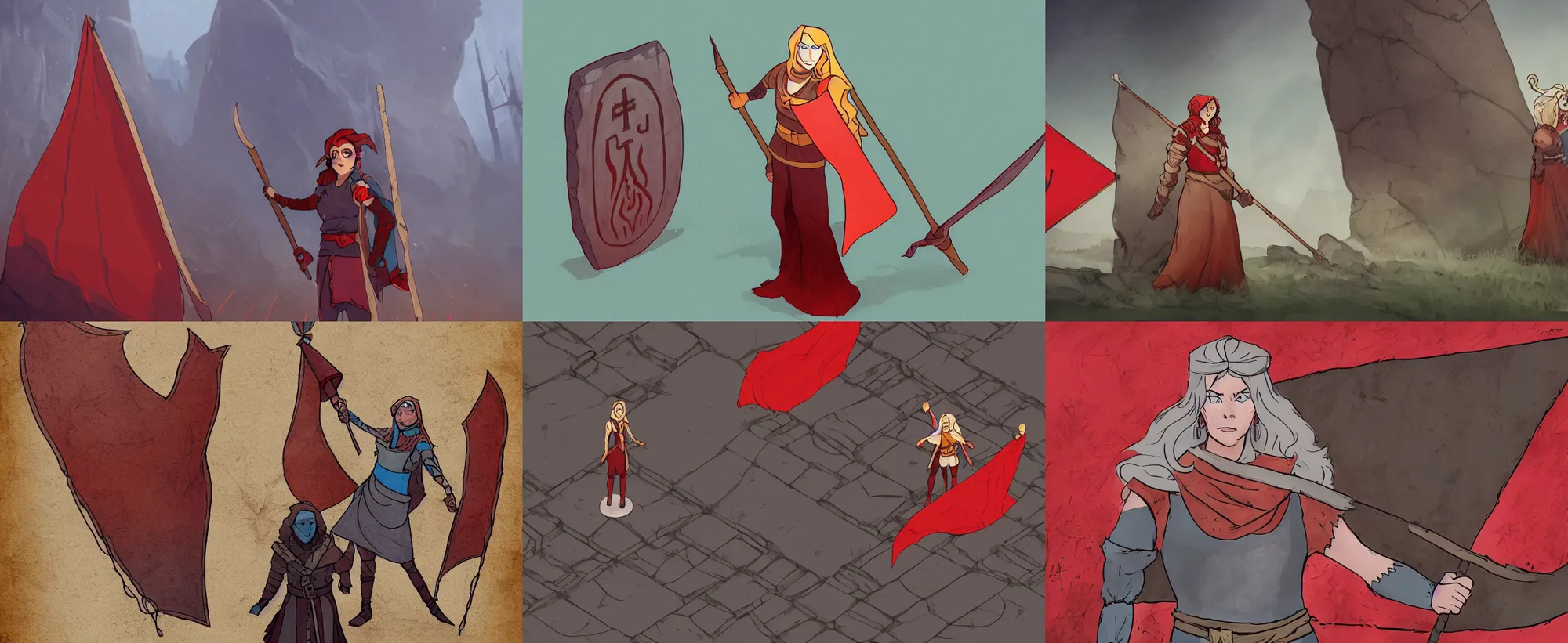 Prompt: Alette from Banner Saga standing in front of giant a rune stone, holding a red banner, epic, melancholic, perfect face, concept art, illustration, cover art