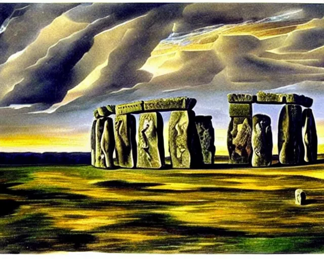 Image similar to painting of Stonehenge by Salvador Dali. several layers of perspective. Many points of view. mind bending illusions of perception