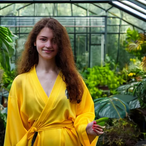 Image similar to medium photo portrait of a young european woman wearing a yellow kimono in a tropical greenhouse