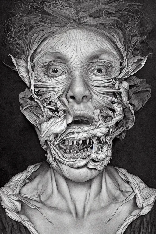 Image similar to Detailed maximalist portrait of a beautiful old woman with large lips and eyes, scared expression, botanical skeletal with extra flesh, HD mixed media, 3D collage, highly detailed and intricate, surreal illustration in the style of Caravaggio, dark art, baroque, centred in image