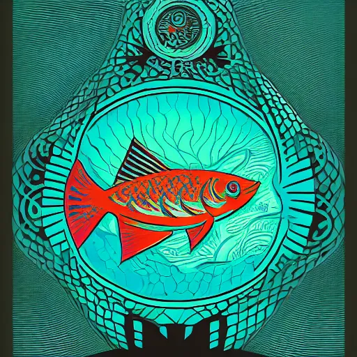 Image similar to one stylized fish in center of view, viewed in profile, dark ocean, complex patterns, artstation, intricate, realistic, highly detailed, digital painting, concept art, sharp focus, illustration by tom whalen and charles williams and kilian eng and james jean