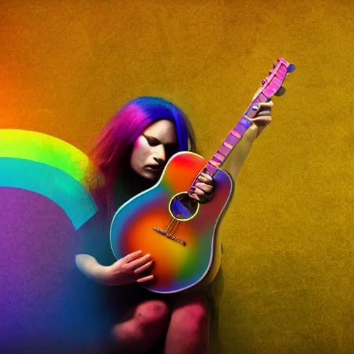 Prompt: woman with rainbow coloured hair playing guitar at the edge of reality, concept art, high quality, moody, colourful