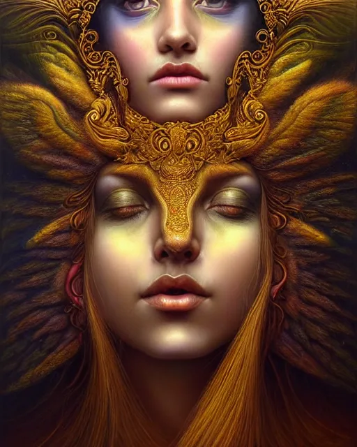 Prompt: portrait of the beautiful young goddess of fauna, unusual beauty, etheric, outworldly colours, emotionally evoking symbolic metaphors, head in focus, fantasy, ornamental, intricate, elegant, highly detailed hyperrealistic painting, artstation, concept art, painterly, golden ratio, sharp focus, illustration, art by tomasz alen kopera,