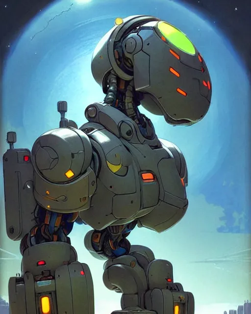 Image similar to bastion the friendly robot from overwatch, character portrait, portrait, close up, concept art, intricate details, highly detailed, vintage sci - fi poster, retro future, in the style of chris foss, rodger dean, moebius, michael whelan, and gustave dore