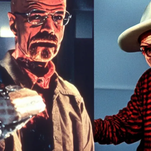 Image similar to walter white is playing freddy krueger, 8 0 s nightmare on elm street screen, horror movie