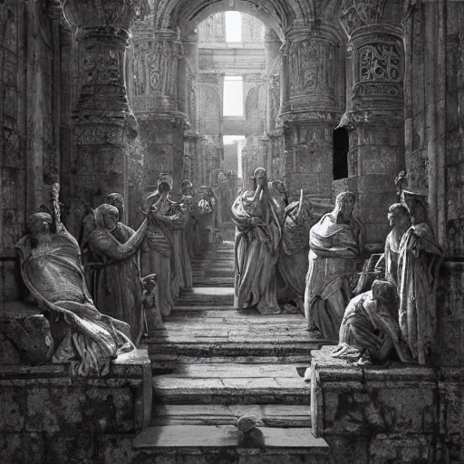 Prompt: the holy kingdom of Julius Caeser, roman historic works, ruins, silver and gold, hyperdetailed, artstation trending, world renowned artists, worth1000.com, historic artworks society, antique renewel, cgsociety, by greg rutkowski, by Gustave Dore, Deviantart