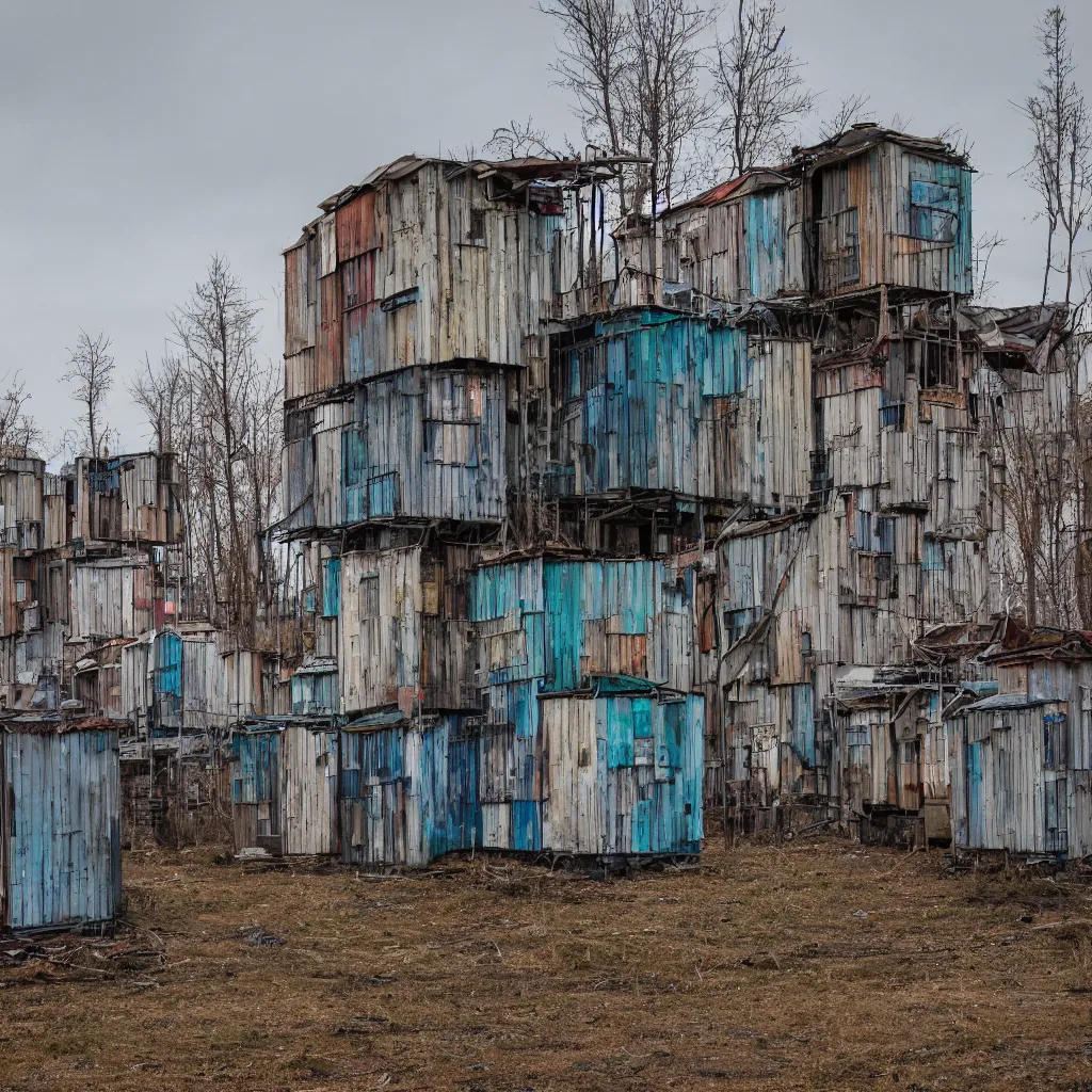 Prompt: three towers, made up of makeshift squatter shacks with faded colours, large vertical blank spaces, dystopia, sony a 7 r 3, f 1 1, fully frontal view, photographed by jeanette hagglund