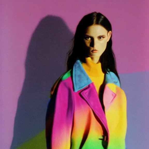 Prompt: model in baggy colorful 9 0 s jacket by rick owens. magazine ad. pastel background.