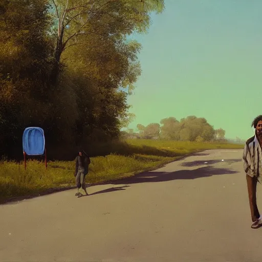 Image similar to bob marley walking along the gistelsesteenweg, painted by scott listfield, sunny, happy