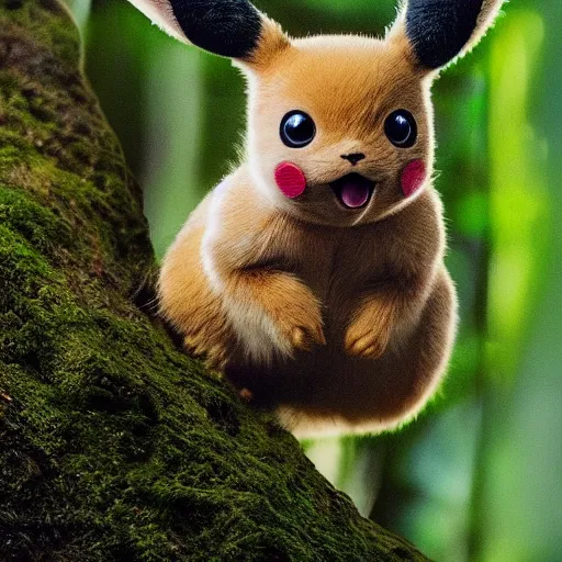 Prompt: pikachu in real life, creature, animal in the rainforest, wildlife photography, ultrarealistic, national geographic, cinematic lightning