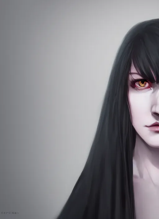 Image similar to long face, sharp features, girl, portrait, devil smile, grey eyes, black hair, dark cloak, dnd, cinematic light, pastel colors, volumetric shading, high radiosity dull skin, global illumination, radiant light, soft light, soft color dodge, subsurface scattering