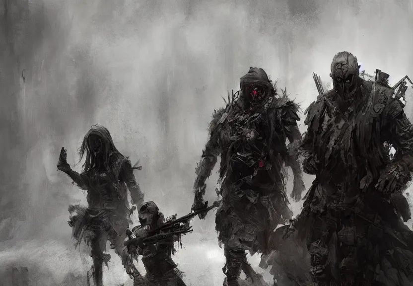 Prompt: painting of the dark figures of three people in a post apocalyptic scenery, high contrast, concept art, dramatic lighting, digital art, 8 k, extremely detailed, drawn by ruan jia