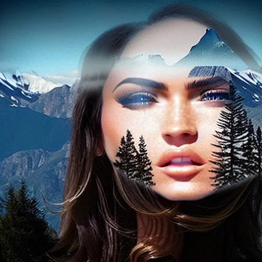 Prompt: double - exposure effect of megan fox face and beautiful mountains, in the style of dan mountford, amazing detail