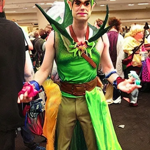 Prompt: “Bill Hader cosplaying as The Great Fairy from Ocarina of Time, convention photo”