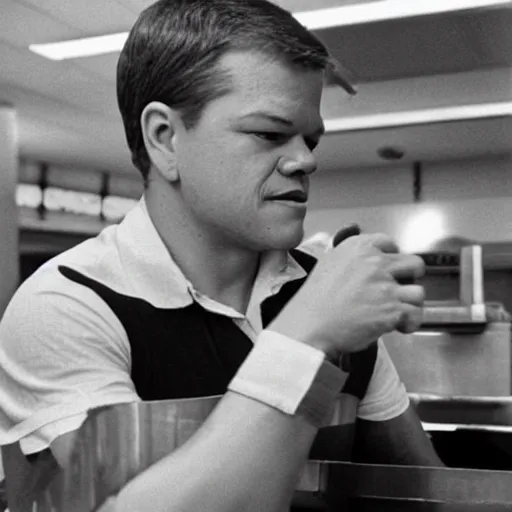 Prompt: matt damon working at mcdonald ’ s in 1 9 7 0 s