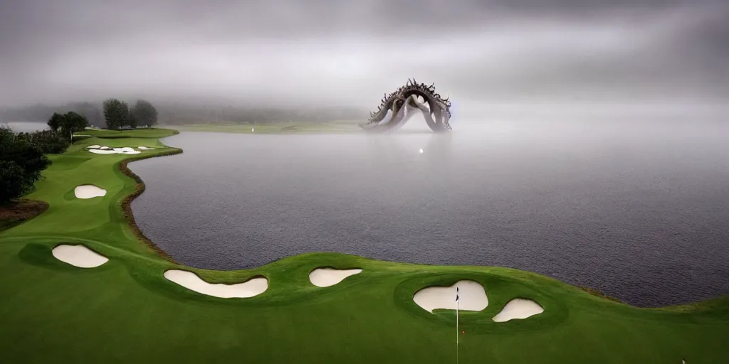 Image similar to a great photograph of the most amazing golf hole in the world, surrounded by water, giant octopus, ambient light, golf digest, top 1 0 0, fog