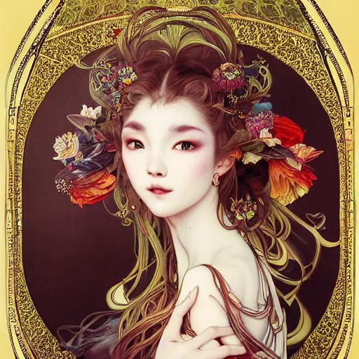 Image similar to a masterpiece ultrarealistic ultradetailed portrait of beautiful love, jewelry genius, witch girl on vintage flea market baroque renaissance. medium shot, intricate, elegant, by stanley artgerm lau, wlop, alphonse mucha, rossdraws, andrei riabovitchev, yoshitaka amano. flower background my james jeand and takashi murakami.