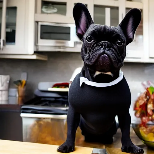 Image similar to black French Bulldog dressed as a chef