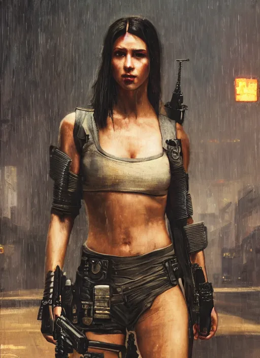 Image similar to rayne. cyberpunk mercenary in a military vest ( blade runner 2 0 4 9, cyberpunk 2 0 7 7 ). orientalist portrait by john william waterhouse and james gurney and theodore ralli and nasreddine dinet, oil on canvas. cinematic, hyper realism, realistic proportions, dramatic lighting, high detail 4 k