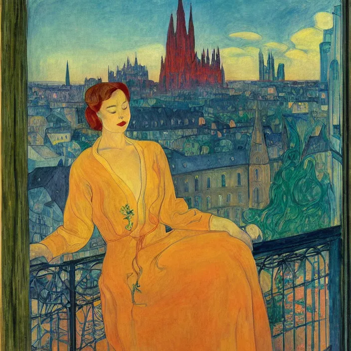 Image similar to close portrait of woman in night gown with cat and aloe vera, with city with gothic cathedral seen from a window frame with curtains. sun through the clouds, vivid iridescent colors. agnes pelton, egon schiele, henri de toulouse - lautrec, utamaro, monet