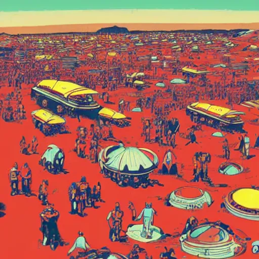 Image similar to A busy, crowded festival on Mars with 2 million people, 80's style retro futuristic art