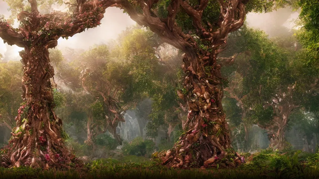 Image similar to 3d rendering of fantasy tree of life in garden of eden, hd, hdr, unreal engine 5, cinematic 4k wallpaper, 8k, ultra detailed, high resolution, artstation